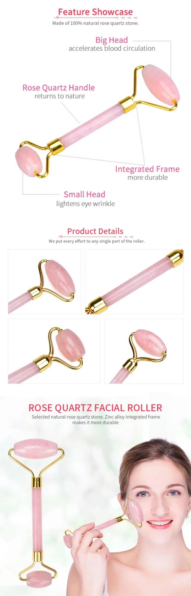 Hot Selling OEM High Quality Jade Stone Facial Anti Aging Welded Natural Rose Quartz Pink Jade Roller for Face