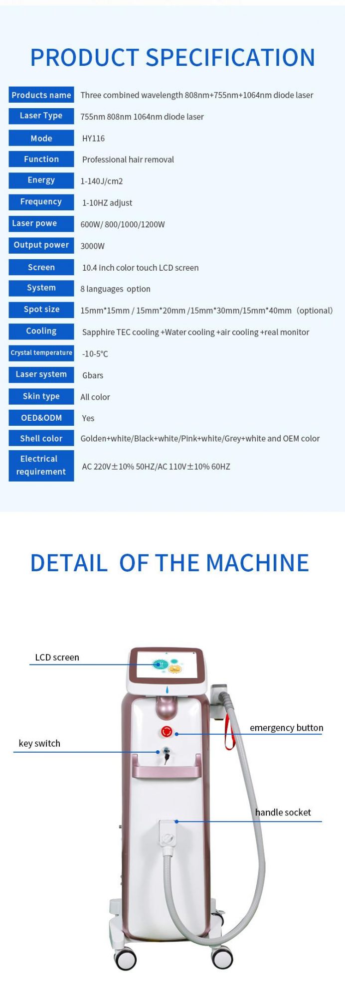 High Power 1200W 755nm 810nm 1064nm Diode Laser Hair Removal Machine with Perfect Cooling System