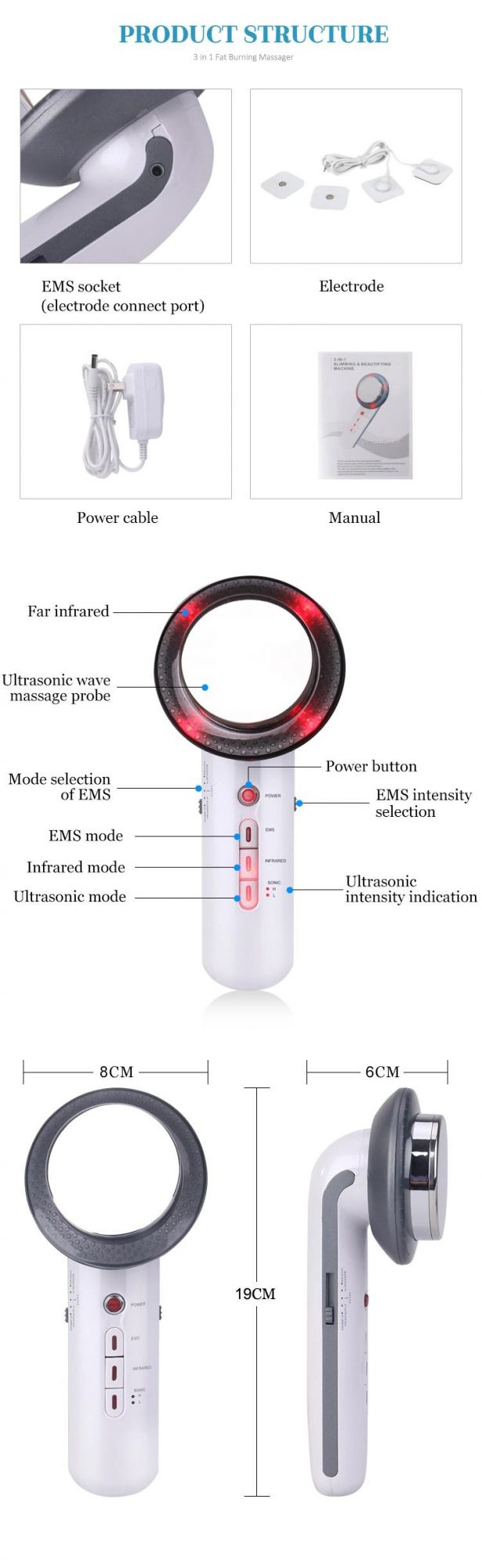 Handheld 3 in 1 Photon Ultrasonic Body Massager EMS Slimming Machine