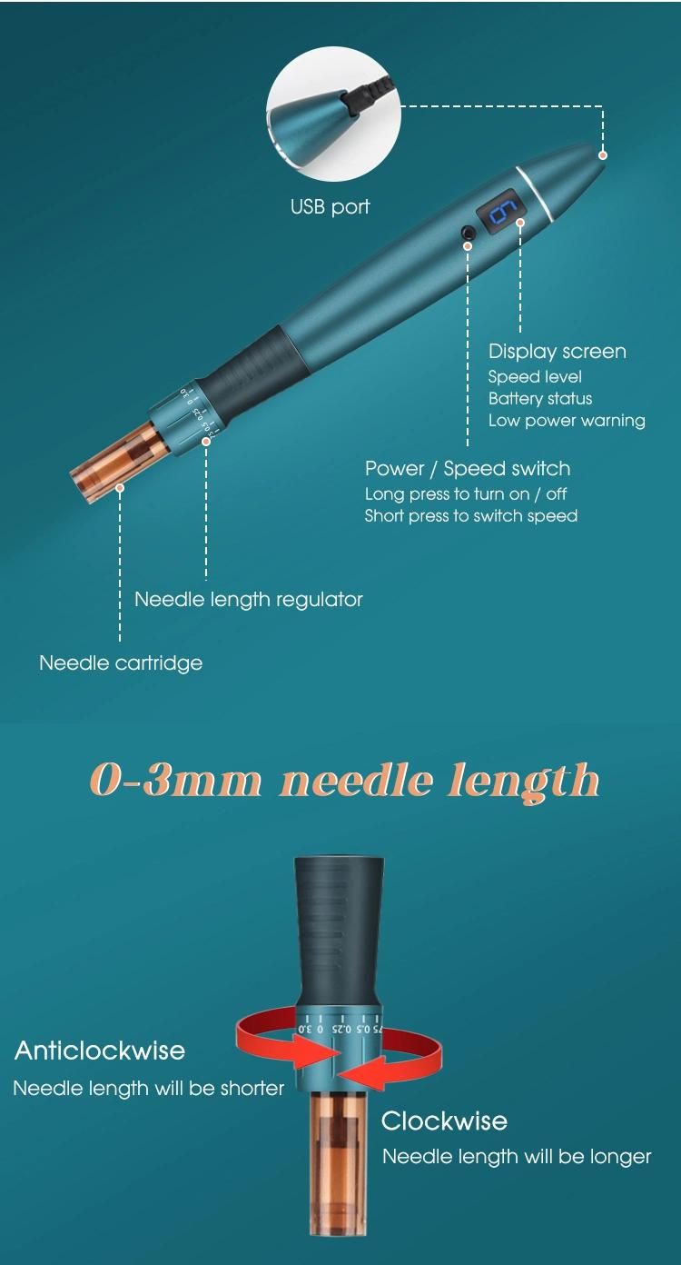 Wireless 0-3mm Electric Nano Needles Micro-Needling Derma Pen