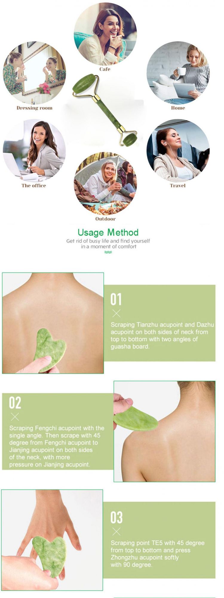 2021hot Sale Natural Jade Roller Jade Stone Gua Sha Tools Set Rose Quartz Board Face Massager Facial Roller Anti Aging Massage