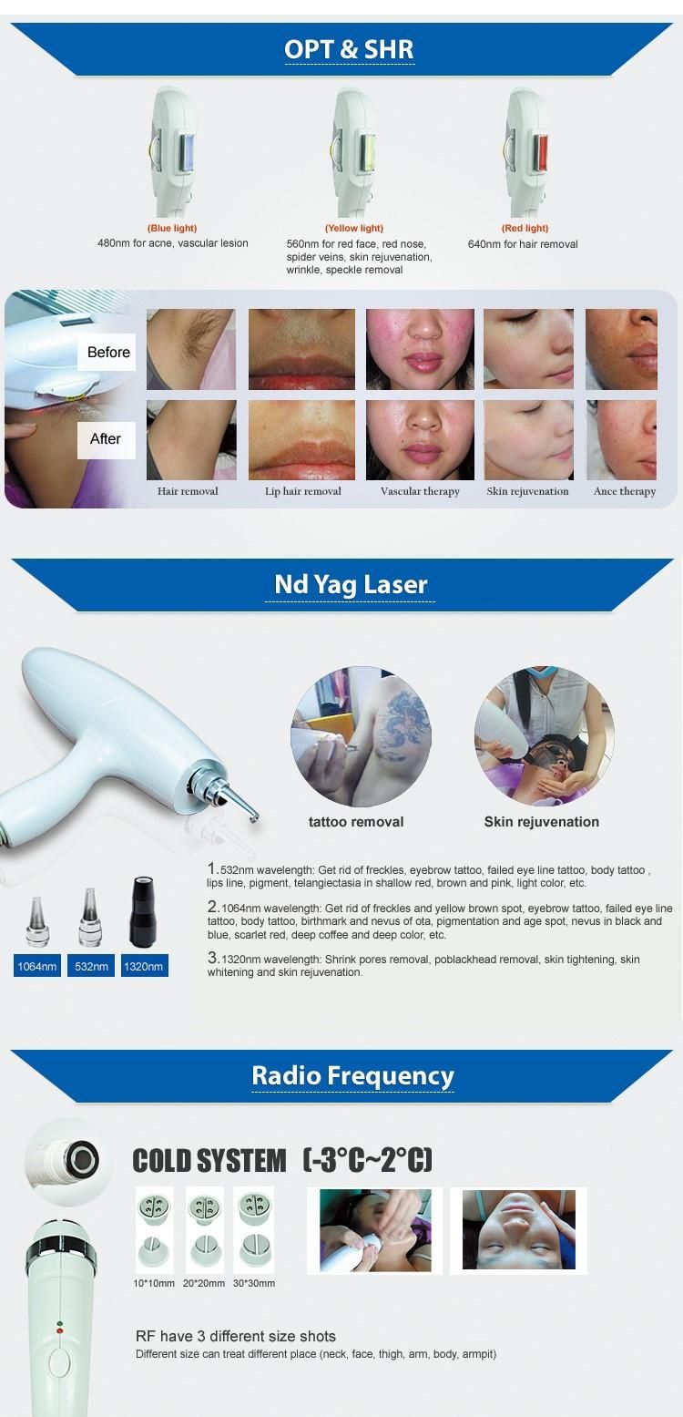 RF ND YAG Laser IPL Hair Removal Beauty Equipment for Tattoo Removal Skin Rejuvenation