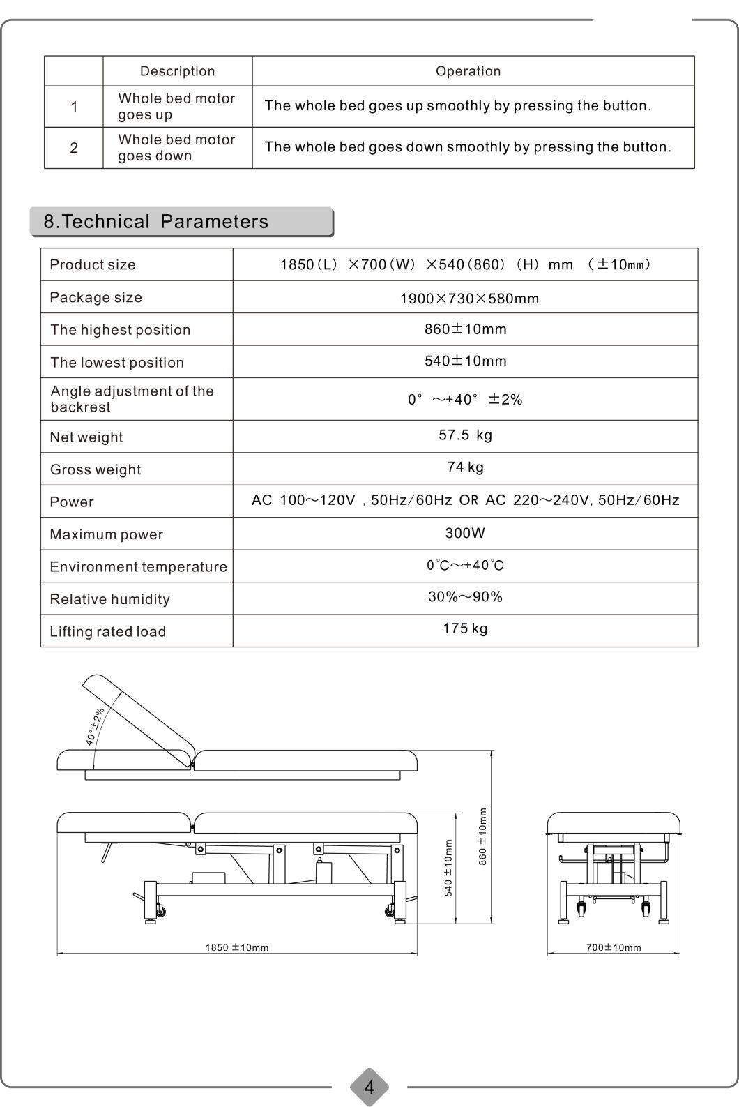 Rh-2212 Best Selling Electric Lift Beauty Bed for Beauty Salon