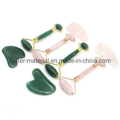 Hot Sale Natural Jade Roller Jade Stone Gua Sha Tools Set Rose Quartz Board Face Massager Facial Roller Anti Aging Massage