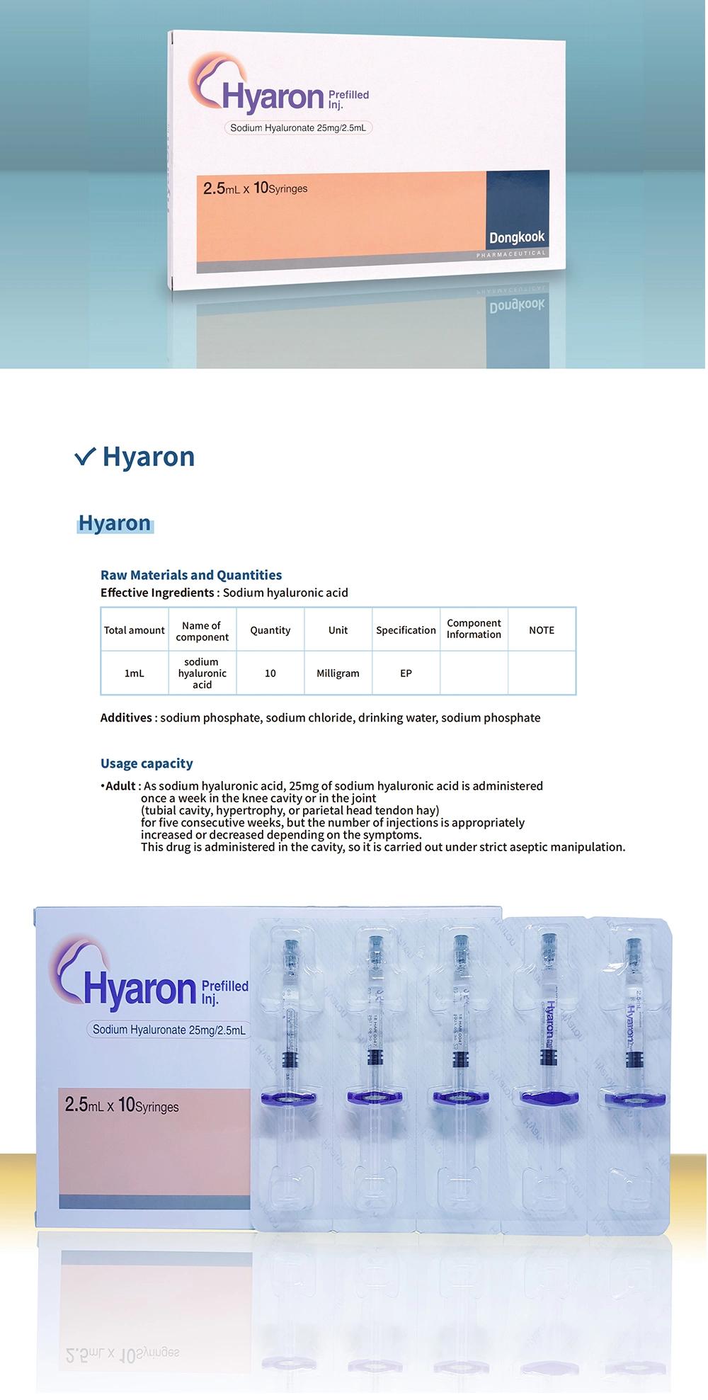 Hot Sale Hyaron Filler Skin Booster Non Cross Linked Injectable Hyaluronic Acid Filler Lip Nose Filler for Knee Injection