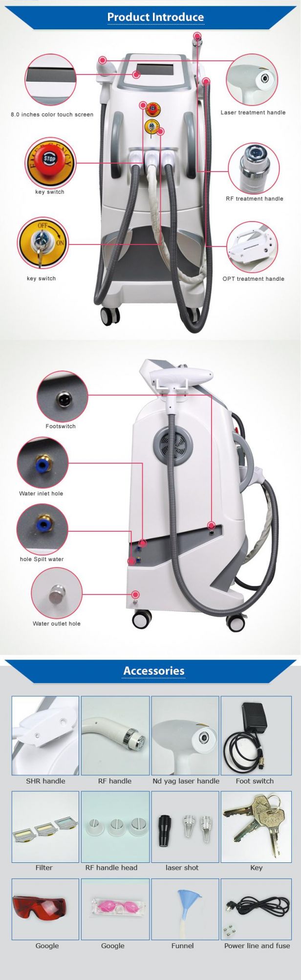 3 in 1 ND YAG Laser Tattoo Removal RF IPL Hair Removal Machine