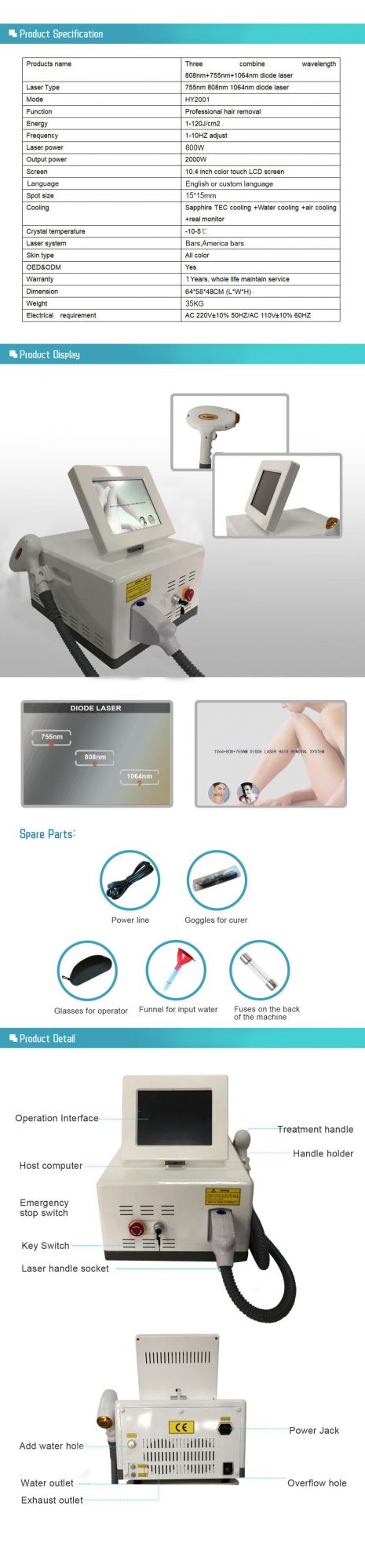 Portable Diode Laser Hair Removal 808nm+1064nm+755nm 3 in 1 Salon Equipment