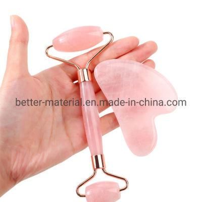 Natual Pink Jade Roller Gua Sha Massage Tool Set for Facial Wholesale Ready to Ship Have a Lot of Inventory