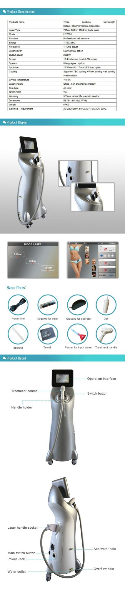 808nm Hair Removal Machine 808nm/1064nm/755nm for All Color Skin