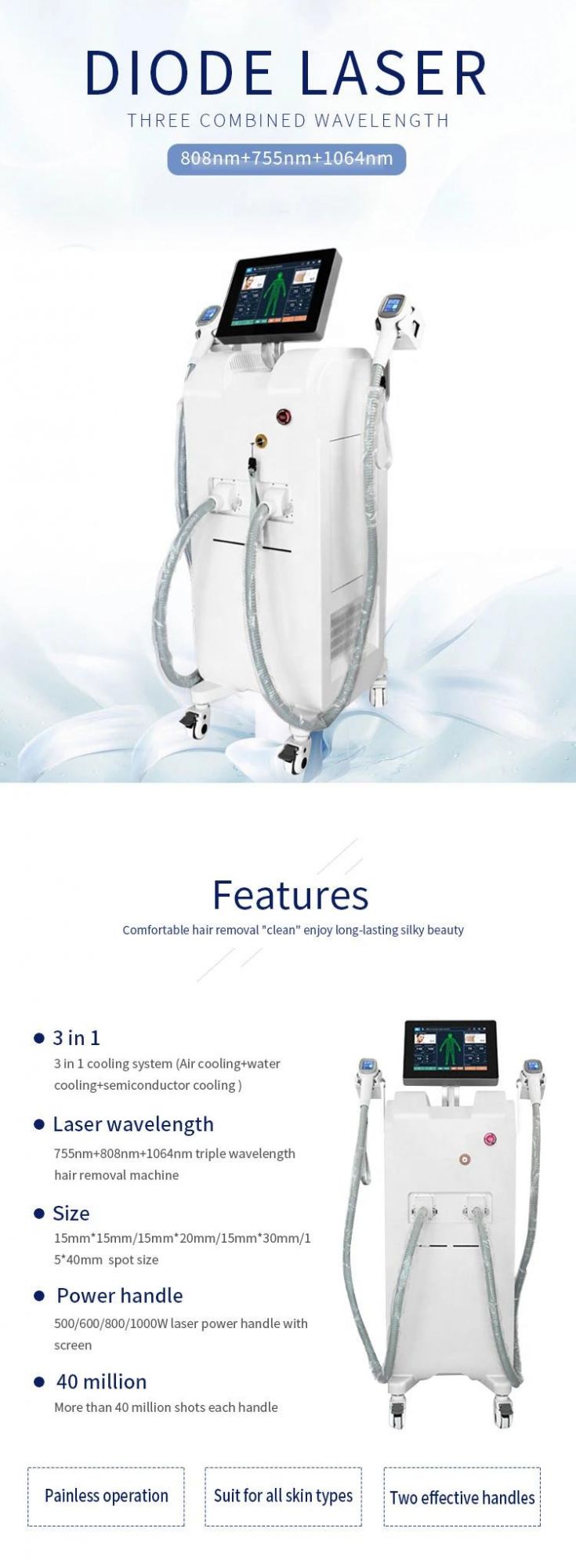 Vertical 808nm Hair Removal Machine 3 Wavelength 808+1064+755 Laser Machine