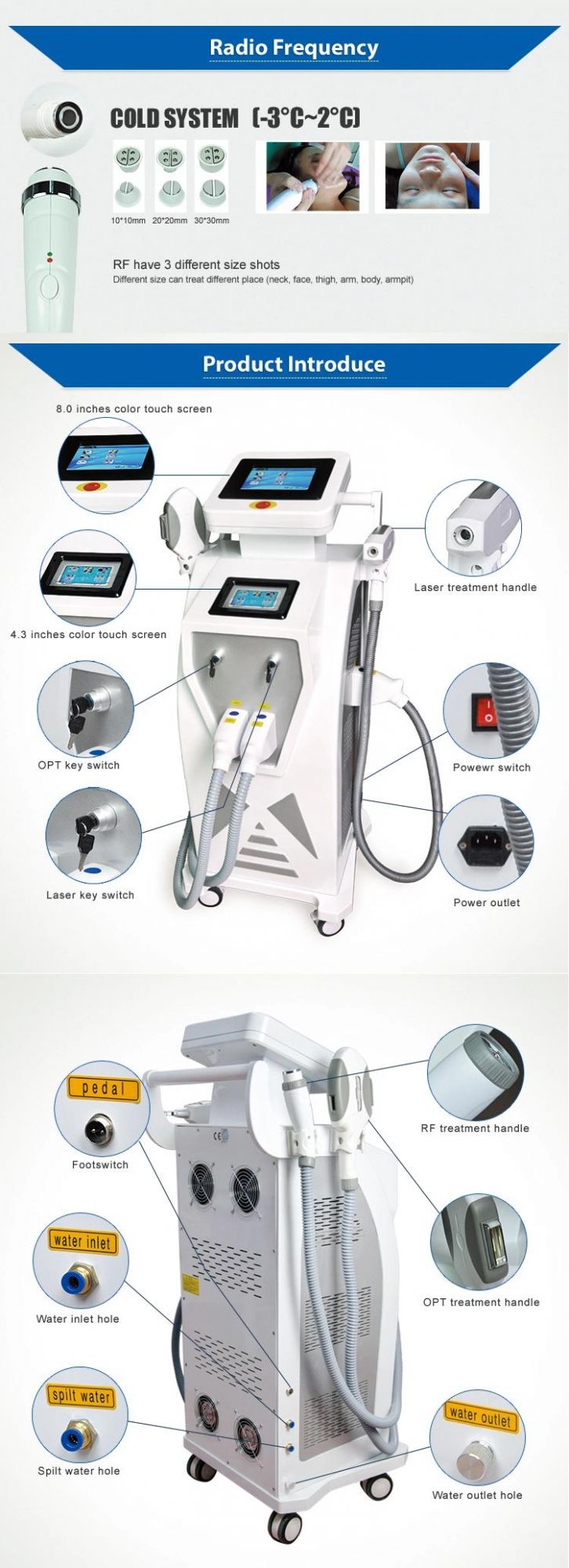 3 in 1 Multifunctional Beauty Salon Use ND YAG Laser +RF +Shr Elight IPL Hair Removal Machine with Double Screen