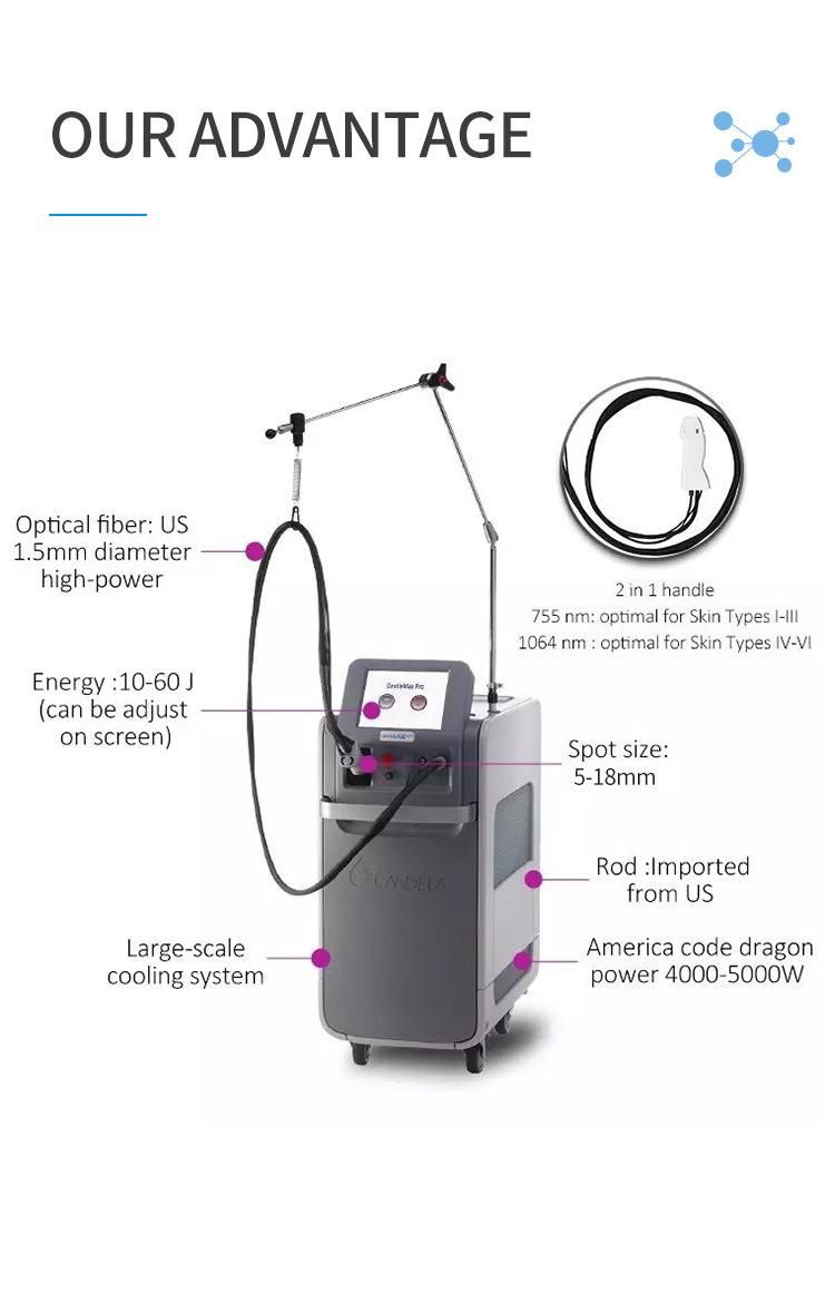 Alexandrite Laser Cadela Laser Fiber 755nm Alexandrite Gentle Max Proand ND YAG 1064nm Laser for Salon SPA and Clinic Beauty Diode Laser