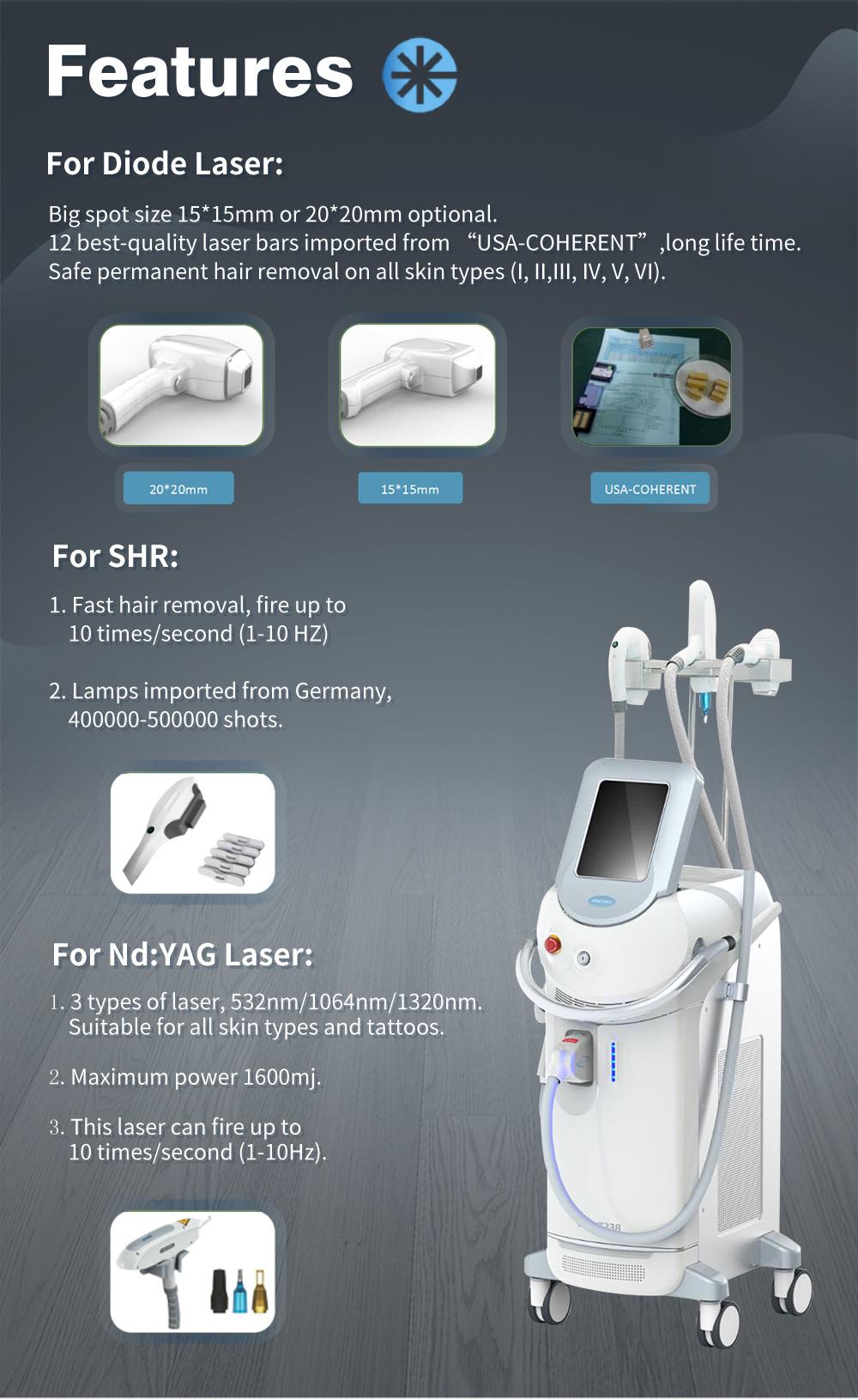 Three Handles Shr Diode ND: YAG Laser Hair Tattoo Removal Machine for All Skin Types