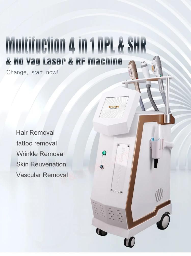 Salon Beauty Equipment 4 in 1 Multi-Function Dpl RF ND YAG Laser for Hair Removal Skin Rejuvenation Tattoo Removal Machine