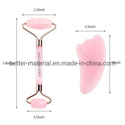 Cheaper Price 2021 Best New Natural Pink Quartz Rose Jade Stone Facial Massage Roller Gua Sha Set for Face