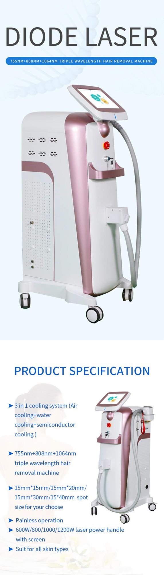 High Power 1200W 755nm 810nm 1064nm Diode Laser Hair Removal Machine with Perfect Cooling System