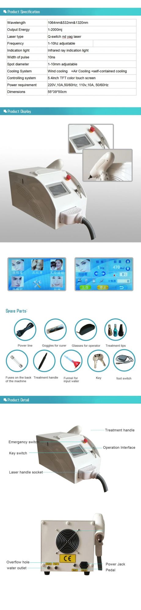 ND YAG Tattoo Removal Machine Acne Treatment 1064nm 532nm Q-Switched Laser Pigment Remmoval and Also Skin Care Carbon Peeling