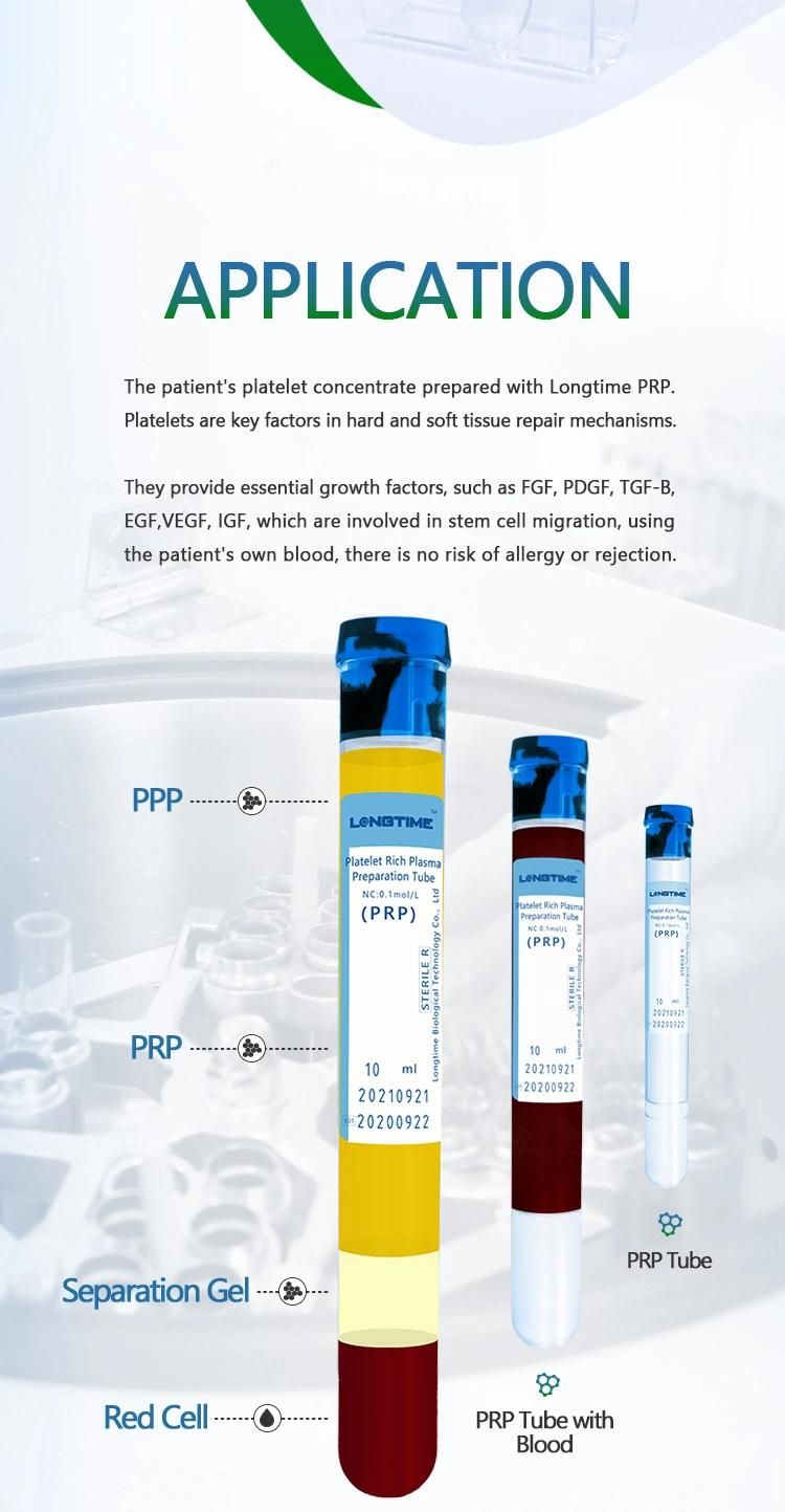 Factory Price Zhuhai Longtime Prp Tube Platelet Rich Plasma Collection 9ml 10ml Prp Tube