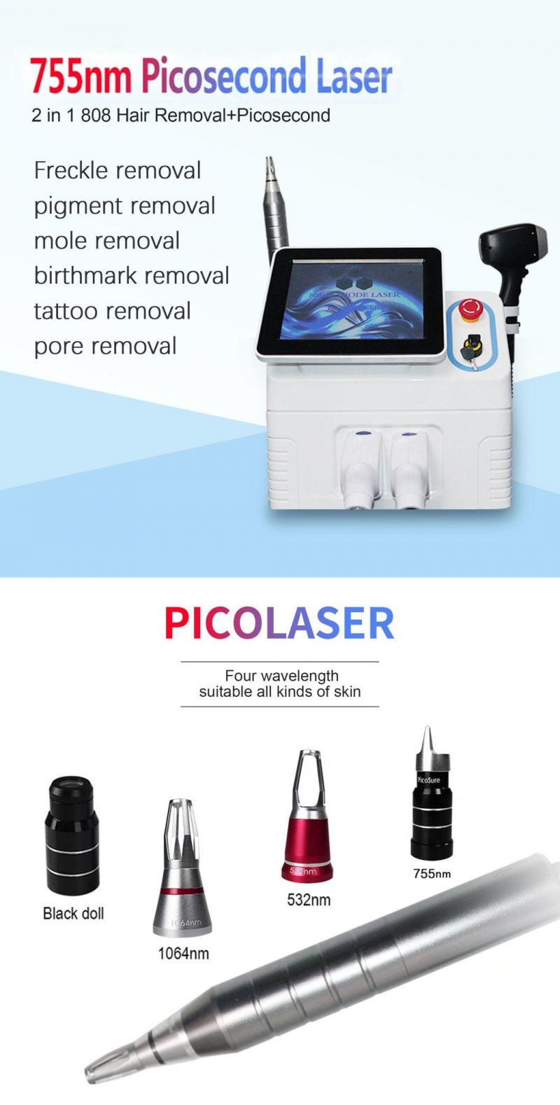 Portable 2 in 1 Diode Laser 808 Picosecond Laser Tattoo Removal Removal Diode Laser Hair Removal Machine