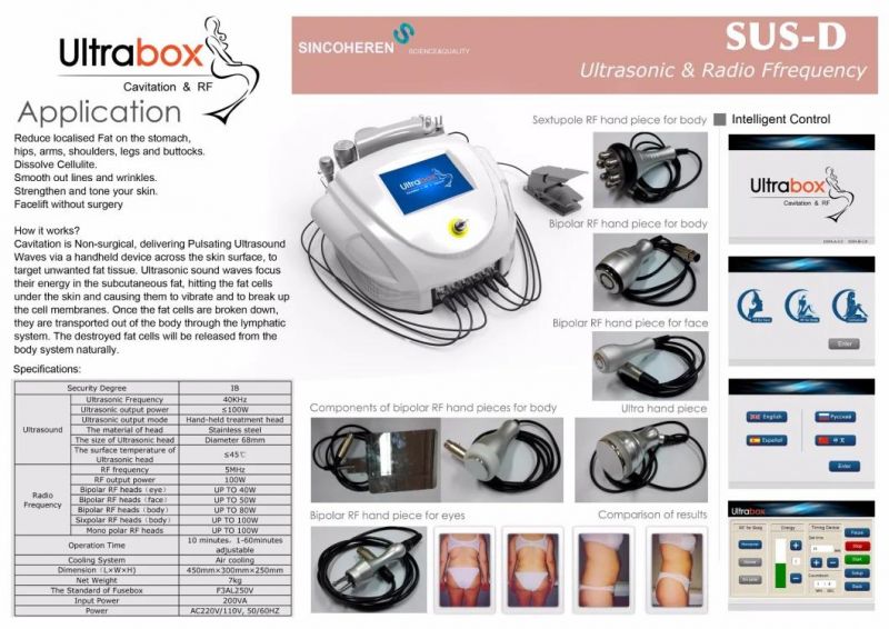 60W Ultrabox Portable RF Ultrasonic Cavitation Slimming Machine with 6 Handle Beauty Salon Equipment