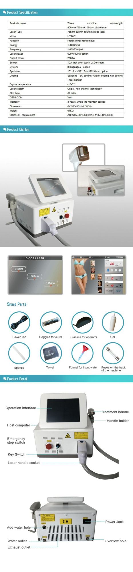 High Quality 3 Wavelength Diode Laser Soprano Painless Hair Removal