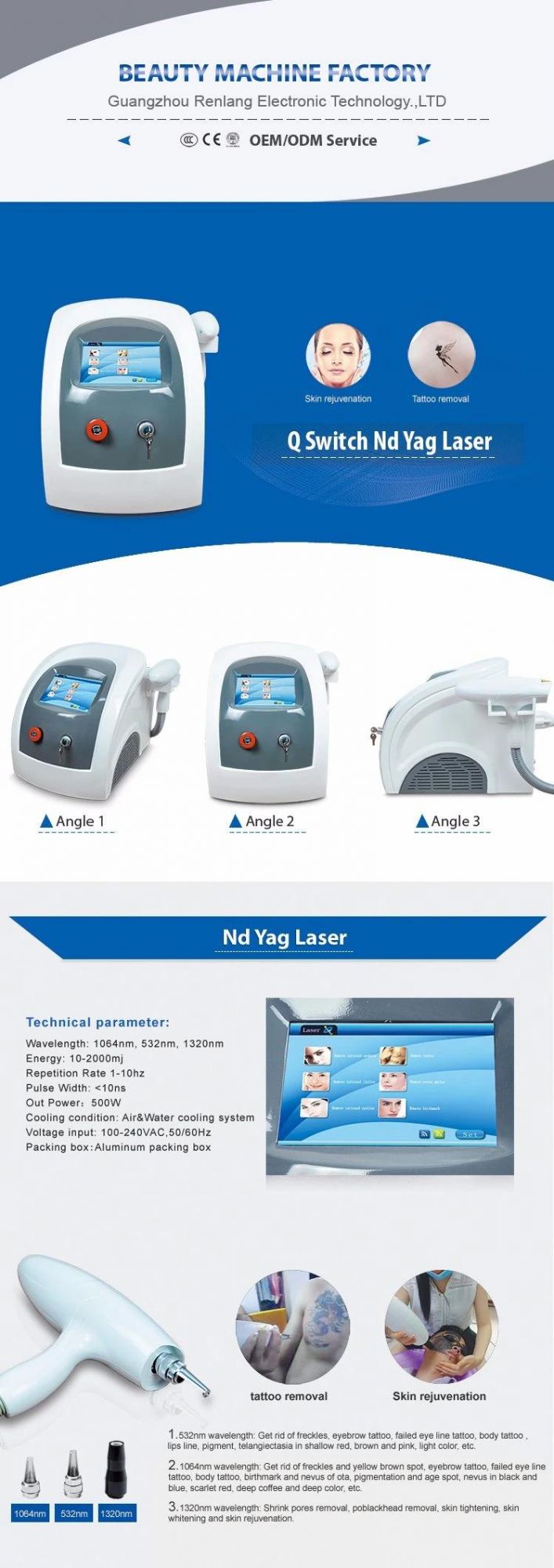 1064nm Laser Long Pulsed ND YAG Laser Tattoo Removal