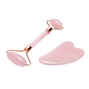 Hot Sale High Quality Anti Aging Therapy Pink Color Natural Rose Quartz Face Massager Guasha Board Jade Roller Set for Face