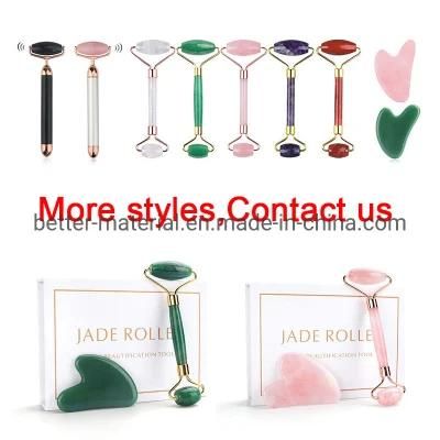 Factory Price Custom Box Jade Roller Natura Pink 100% Jade Eye Needle Rose Quartz Roller Gua Sha Set for Face