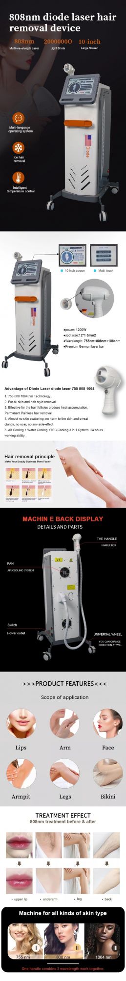 2022 New 755nm 1064nm 808nm Diode Laser Permanent Hair Remover Machine